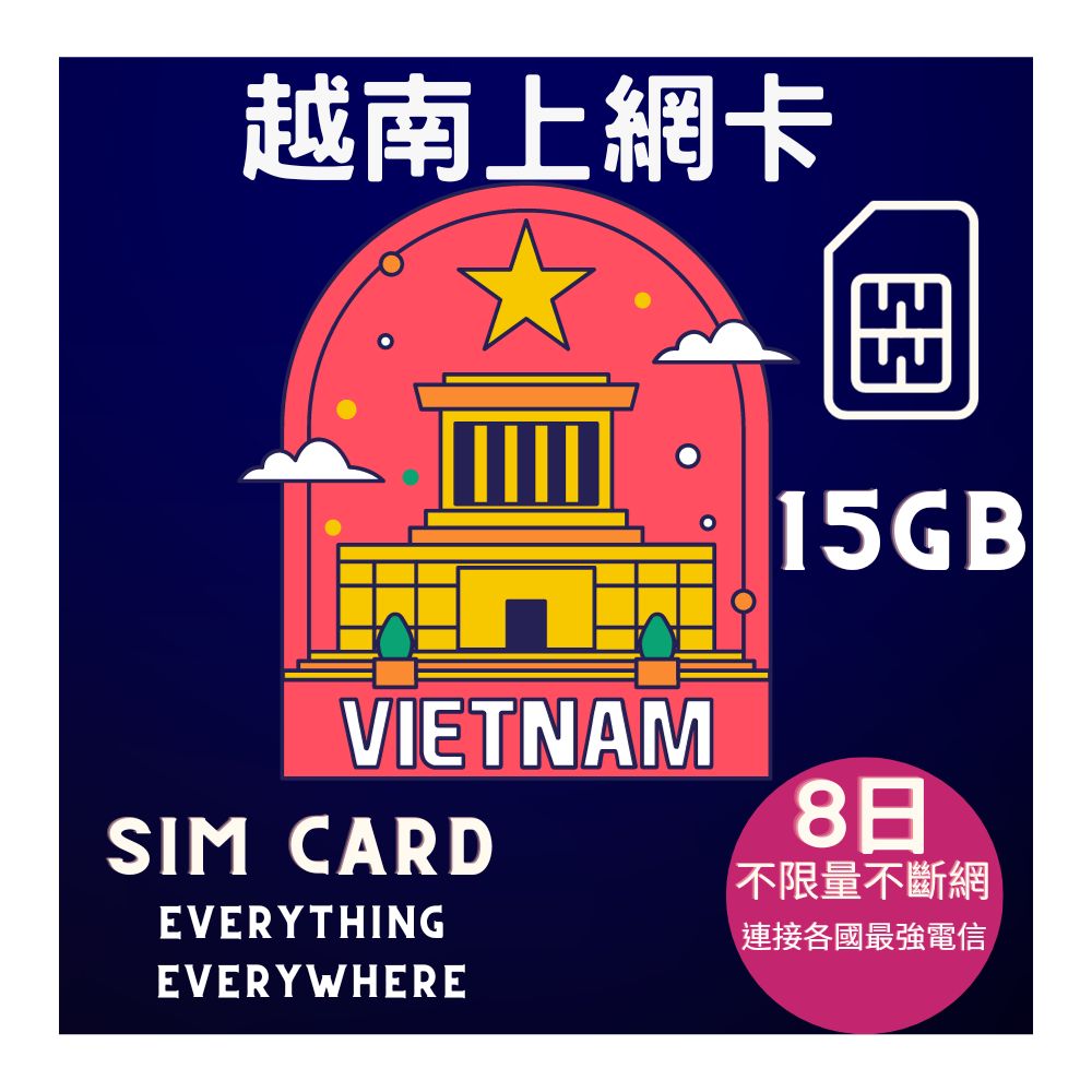 越南上網卡8日高速15GB(高速不斷網)加贈20分越南當地通話