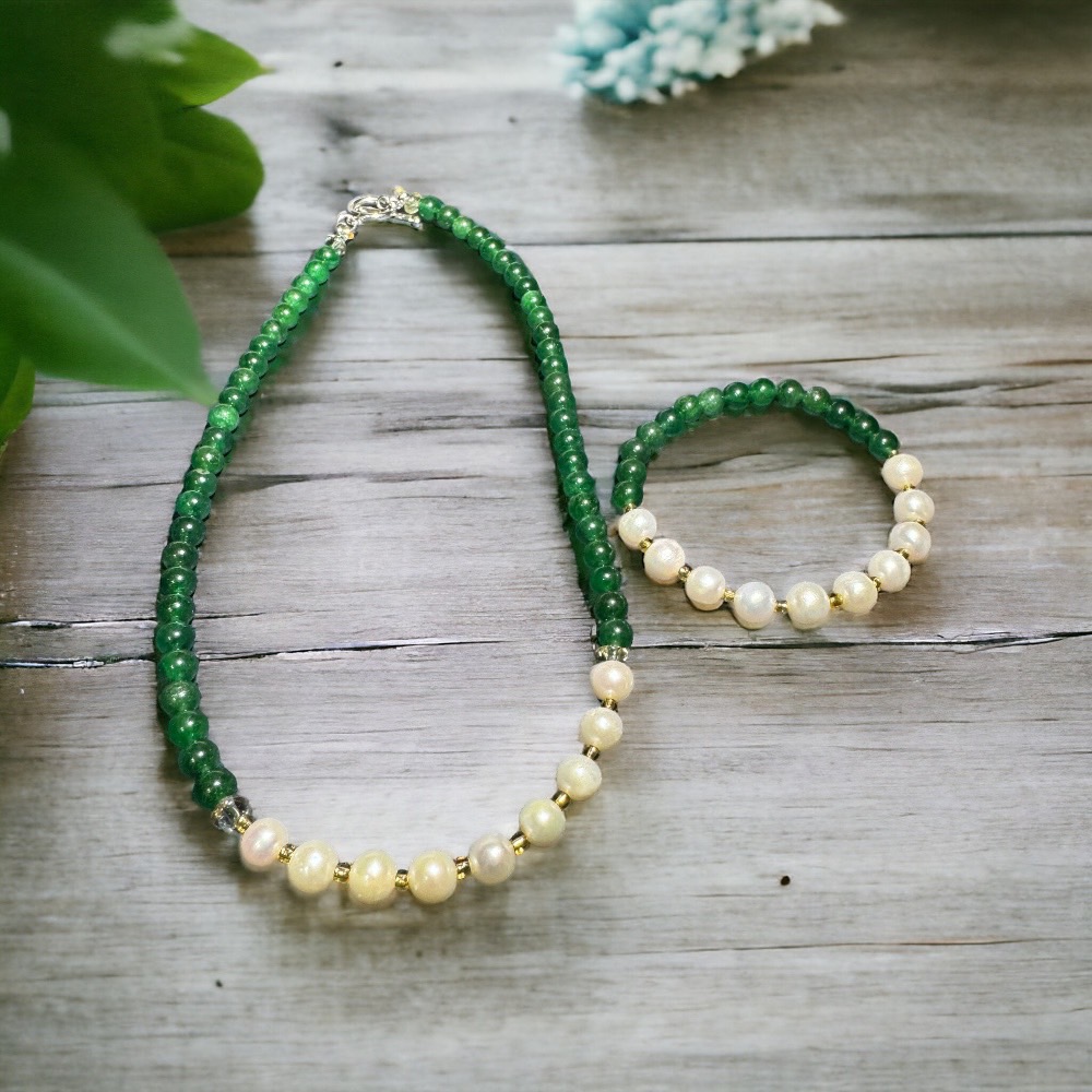 天然祖母綠珍珠手環項鍊組~5月幸運石-安神幫助平穩心境讓人感到輕鬆愉悅帶來幸福和好運