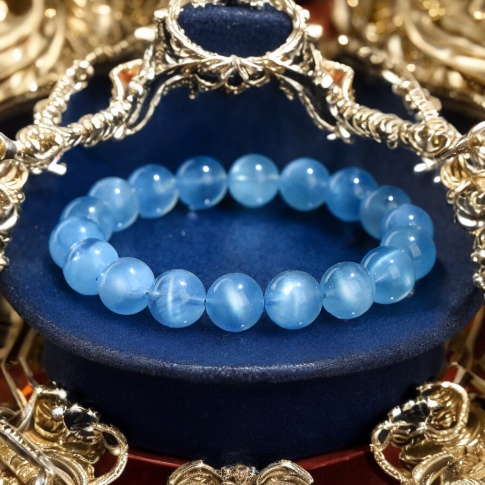 天然7A收藏級貓眼星空海藍寶手環～3月誕生幸運石守護純淨心靈的海神之石